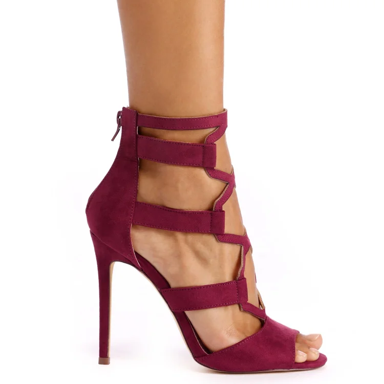 Maroon Peep Toe Summer Boots with Hollow Ankle Strap. Vdcoo