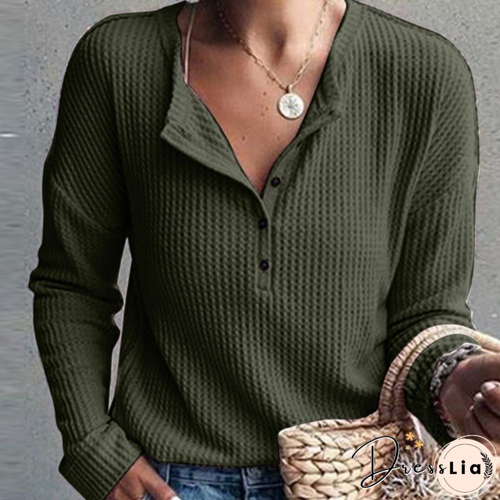 ZANZEA Women Long Sleeve Henley Waffle Top Spring Autumn Casual Slim Blouse