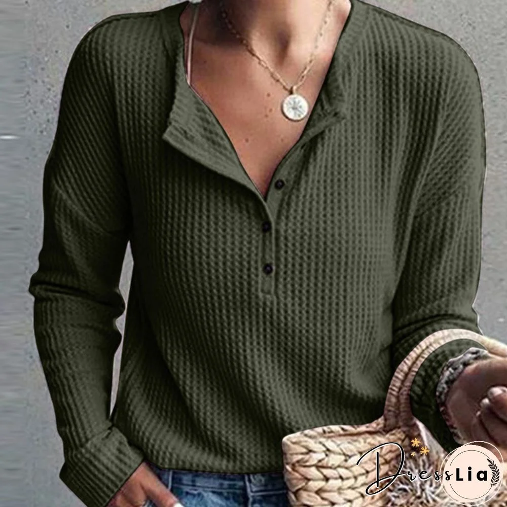 ZANZEA Women Long Sleeve Henley Waffle Top Spring Autumn Casual Slim Blouse