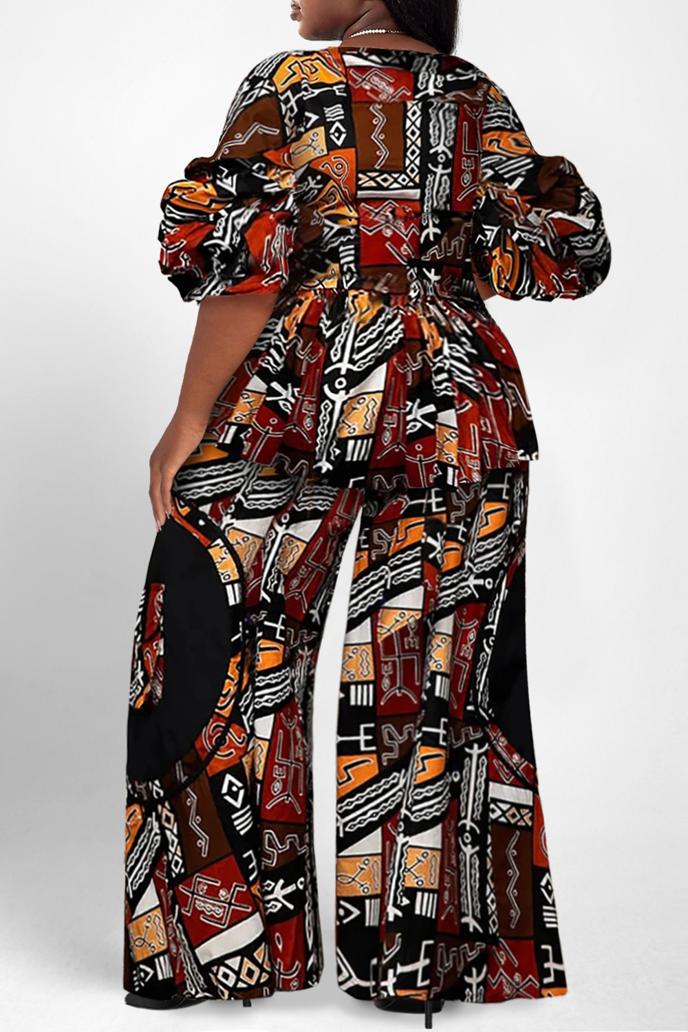 Plus Size Daily Pant Set Brown All Over Ankara Print High Waist Wide Leg Two Piece Pant Set