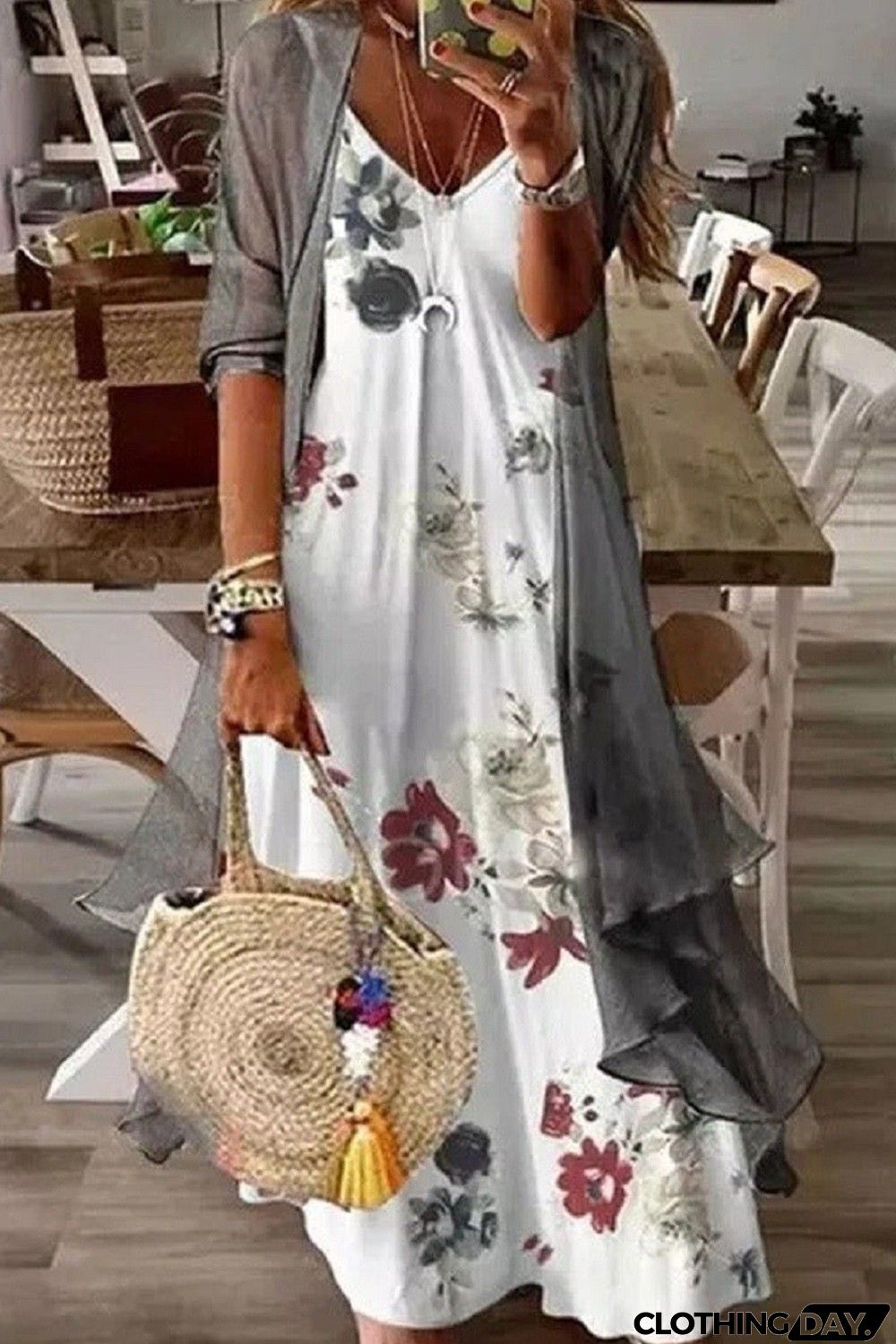 Loosen V Neck Floral Print Casual Two Piece Dresses
