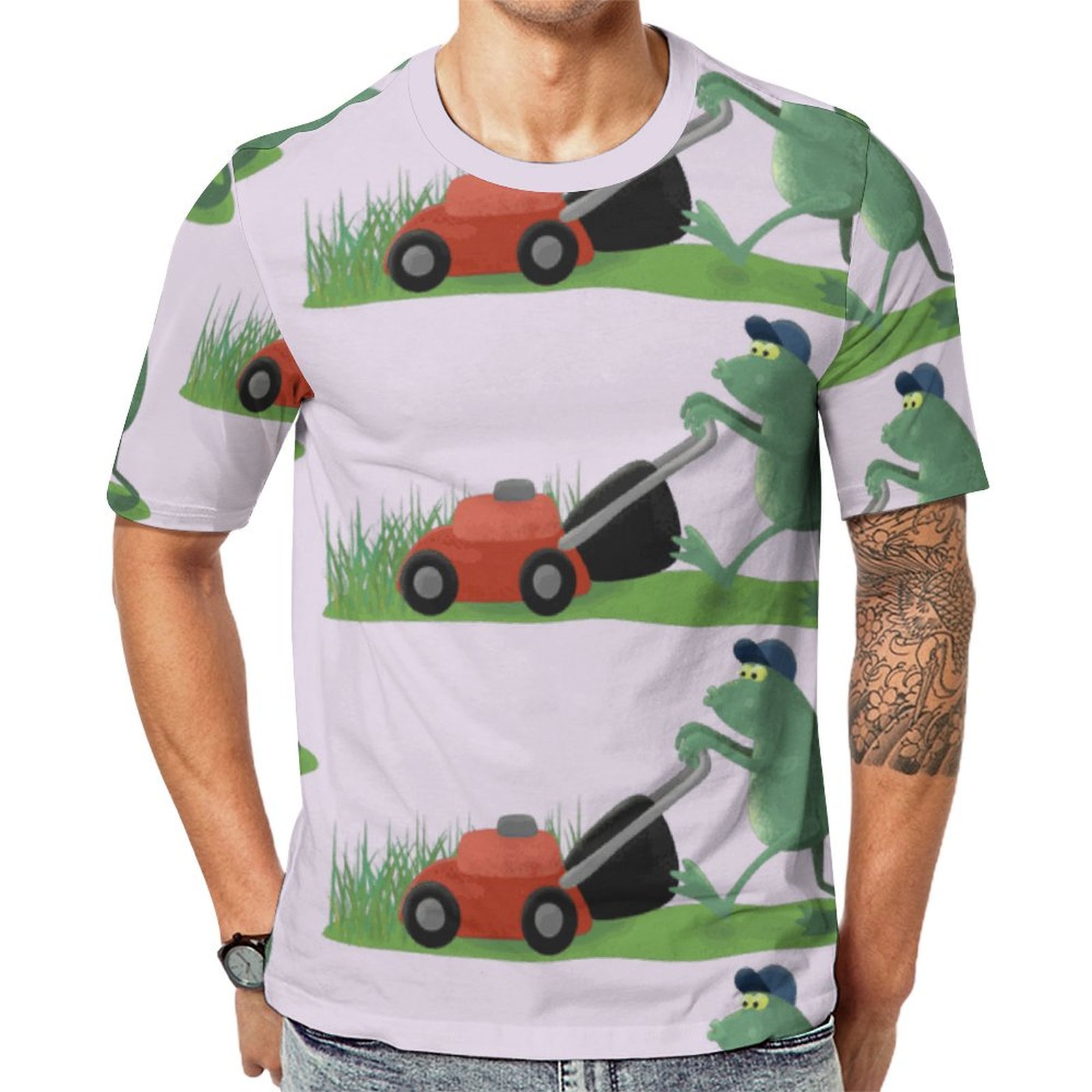 Funny Green Frog Mowing Lawn Cartoon Short Sleeve Print Unisex Tshirt Summer Casual Tees for Men and Women Coolcoshirts