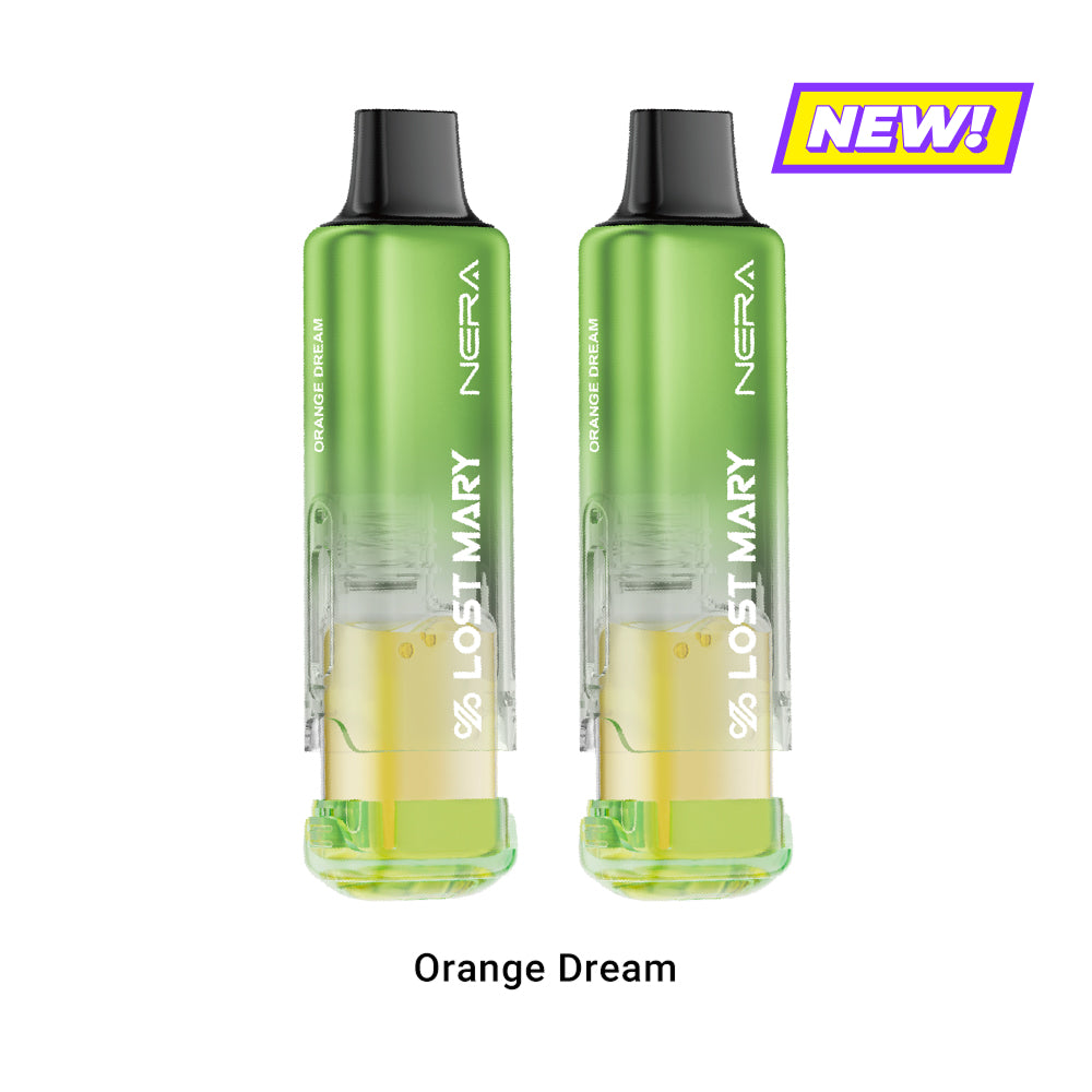 Two green LOST MARY NERA FULLVIEW 70K disposable vapes, Orange Dream flavor.