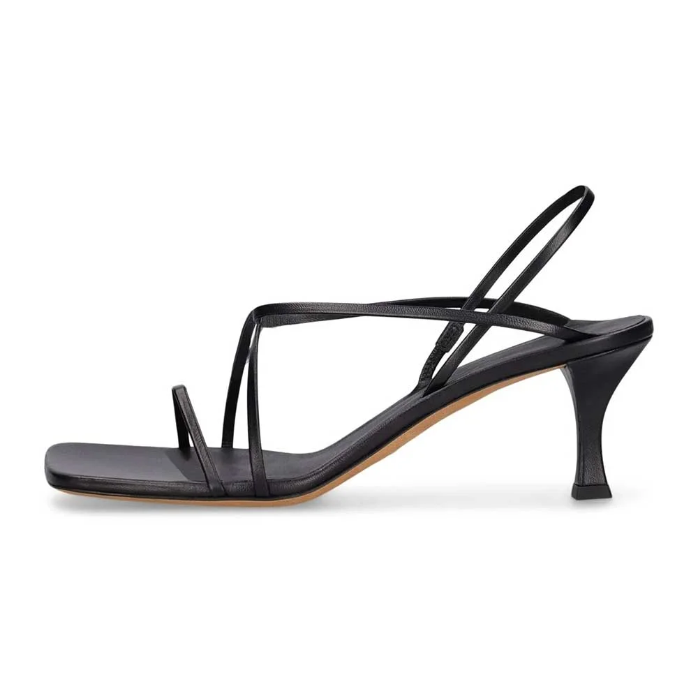 Simple Black Square Toe Crossed Strap Women Sandals with Spool Heel
