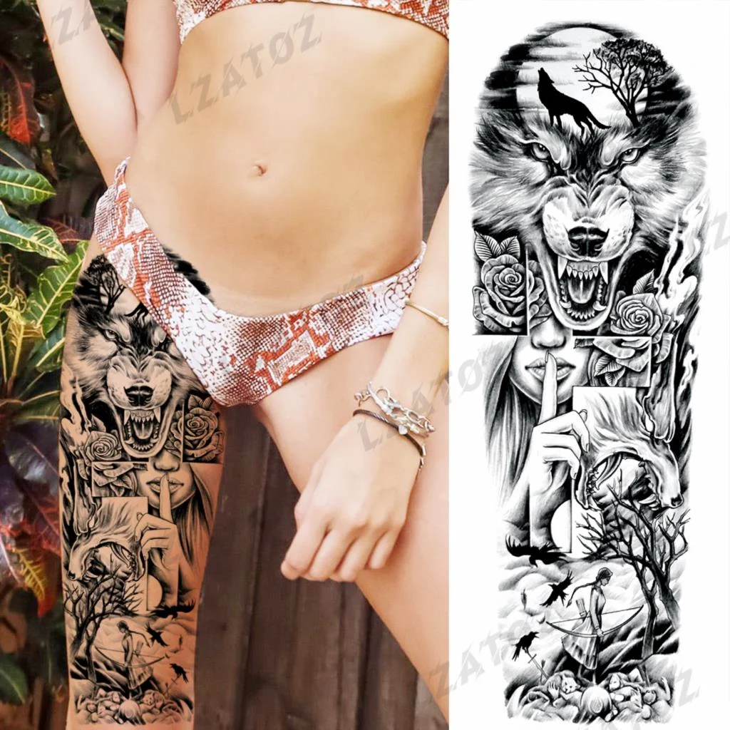 Sdrawing Sleeve Temporary Tattoos For Men Women Realistic Pirate Ship Wolf Tiger Skull Rose Flower Fake Tattoo Sticker Arm Tatoos