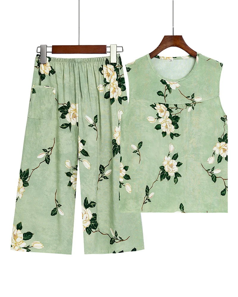 Summer Cotton Silk Sleeveless Vest Cropped Pants Homewear Set