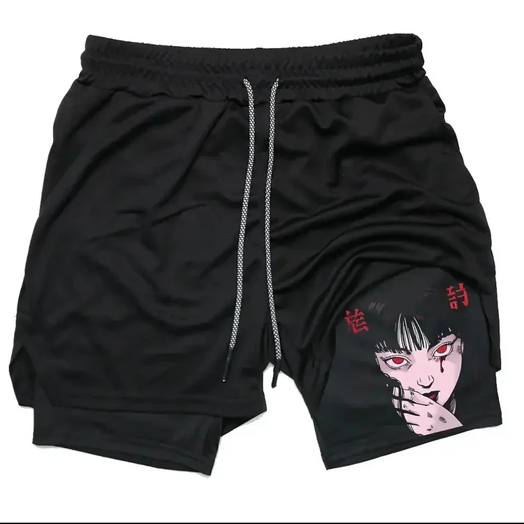 跨境速卖通暗黑风格个性印花男士短裤双层二合一运动健身休闲裤子