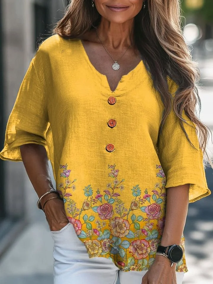 Lovely French Rose Pattern Printed Women's Casual Linen V-Neck Shirt
