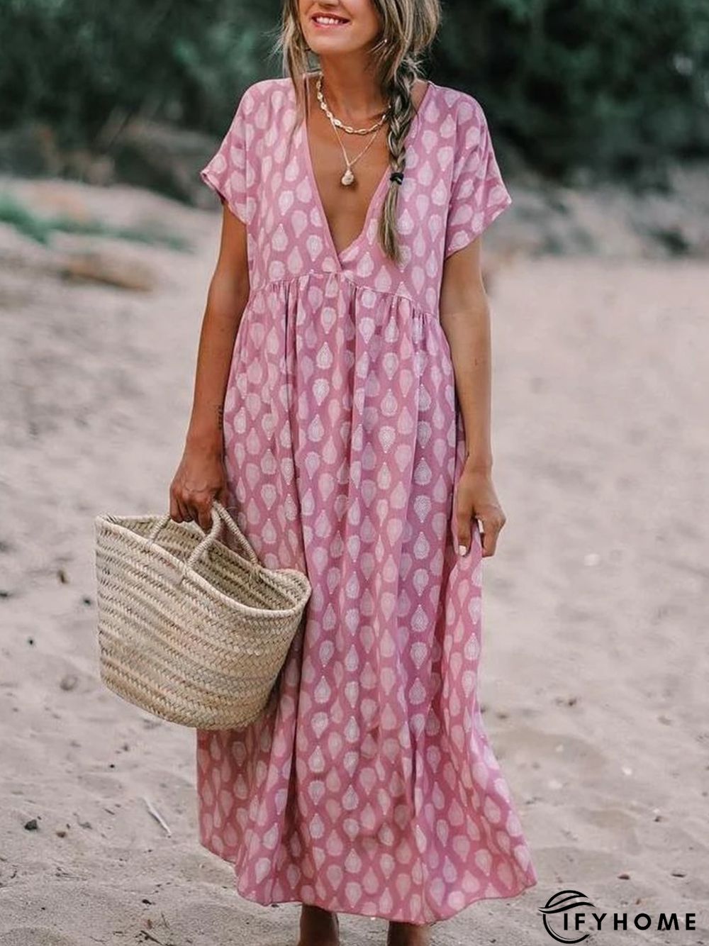Plus Size Casual V Neck Short Sleeve Printed Maxi Weaving Dress | IFYHOME