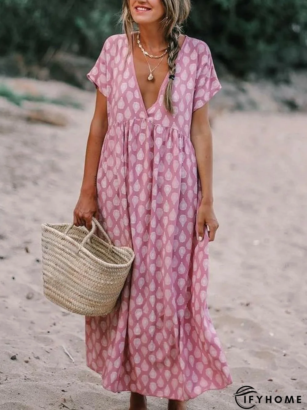 Plus Size Casual V Neck Short Sleeve Printed Maxi Weaving Dress | IFYHOME