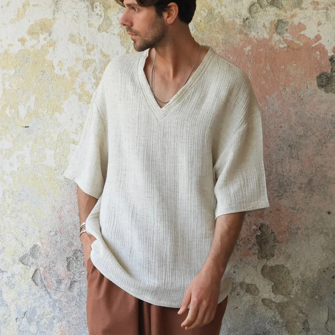Men's Holiday Linen V-neck Short Sleeve Shirt-inspireuse