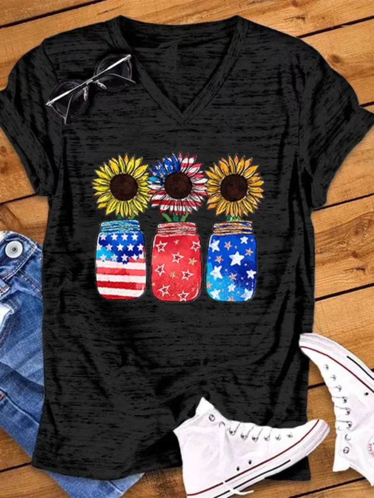 Comstylish Women's 4th Of July Sunflowers Casual V-Neck Tee