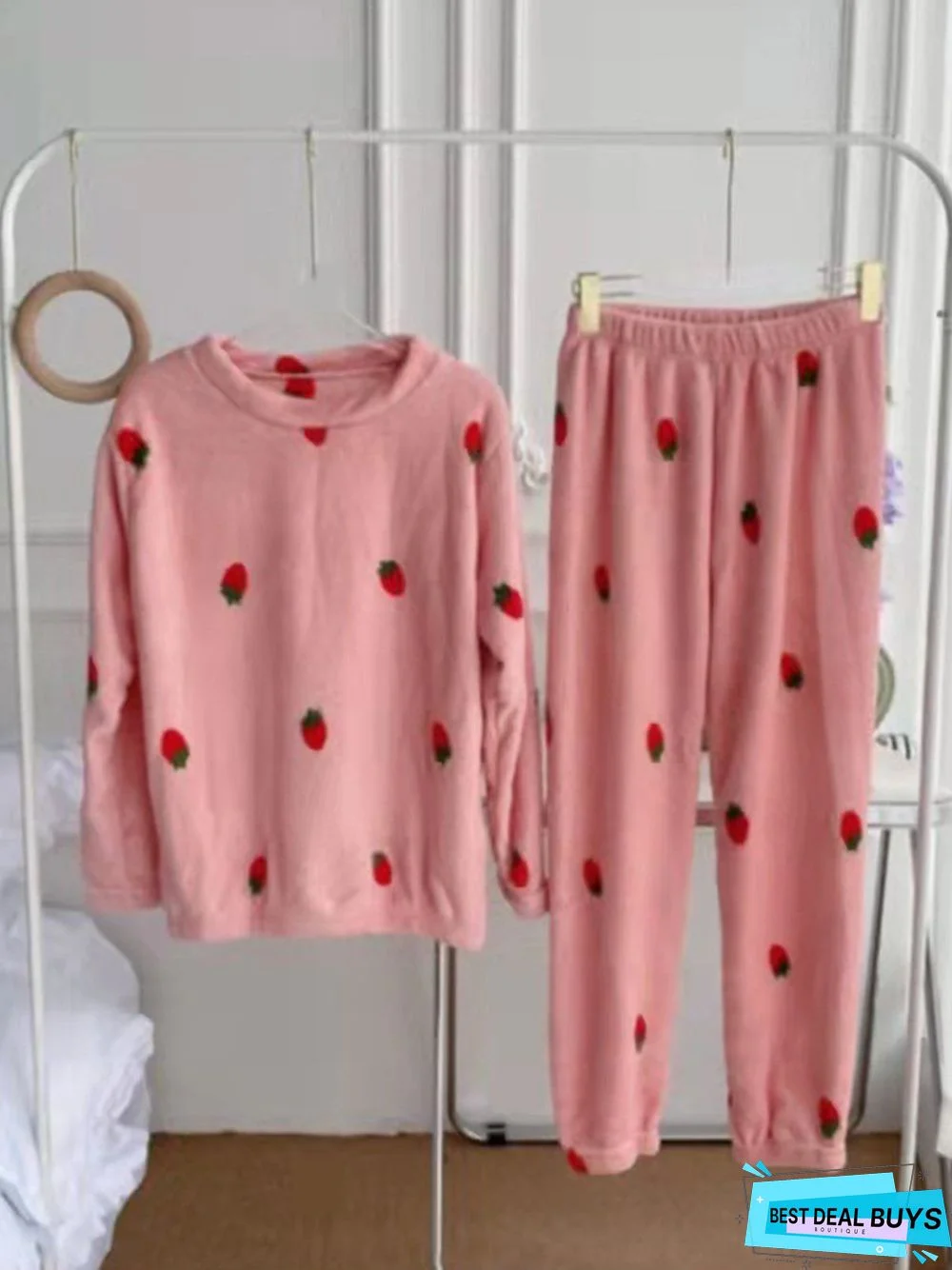 Strawberry Print Long Sleeve Pants Casual Loungewear Two Piece Plus Size