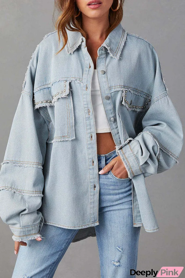 Casual Solid Patchwork Turndown Collar Long Sleeve Regular Denim Jacket