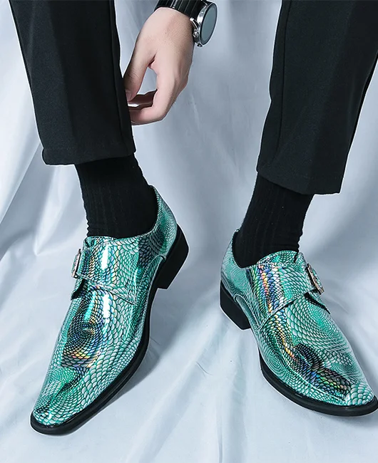 Fashion Iridescent Crocodile Pattern Buckle PU Leather Shoes 