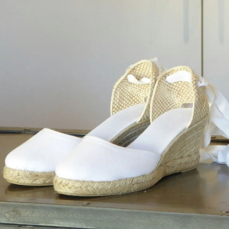 White Strappy Espadrille Wedges Closed Toe Wedding Shoes |FSJ Shoes
