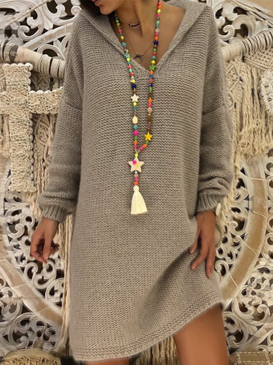 Knitted V-Neck Solid Color Casual Dress