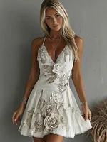 Women's Vintage White Rose Embroidered Suspender Mini Dress