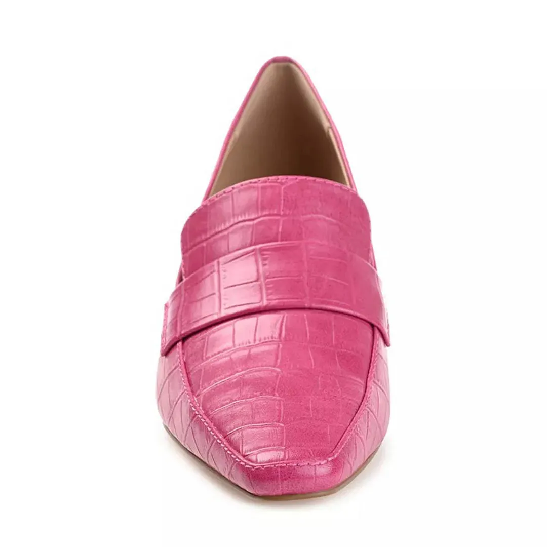 Hot Pink Square Toe Kitten Heeled Loafers Women with Croc Embossed