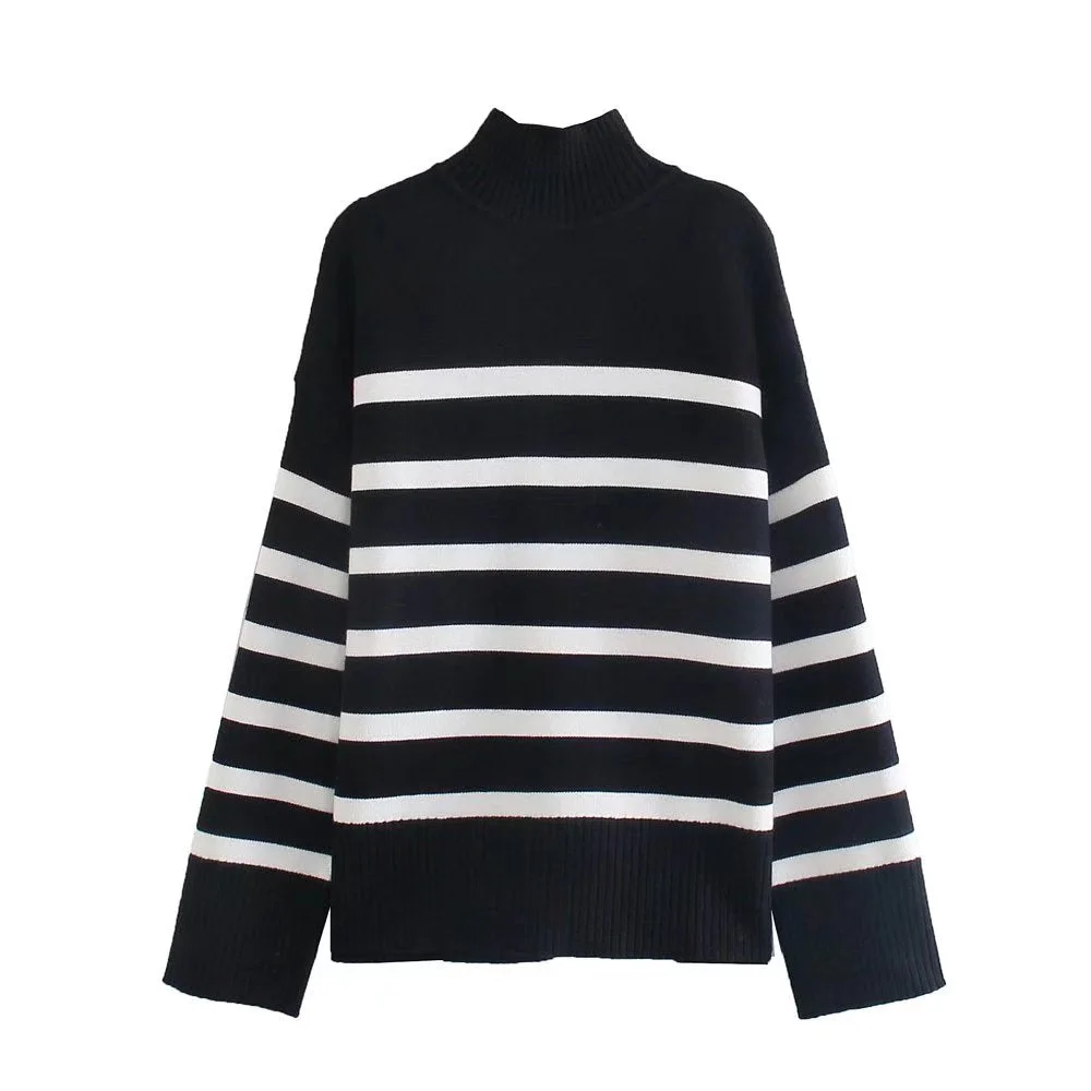Willshela Women Fashion Striped Knit Sweater with High Neck Long Sleeves Chic Lady Woman Basic Knitted Pullover Winter Warm Top