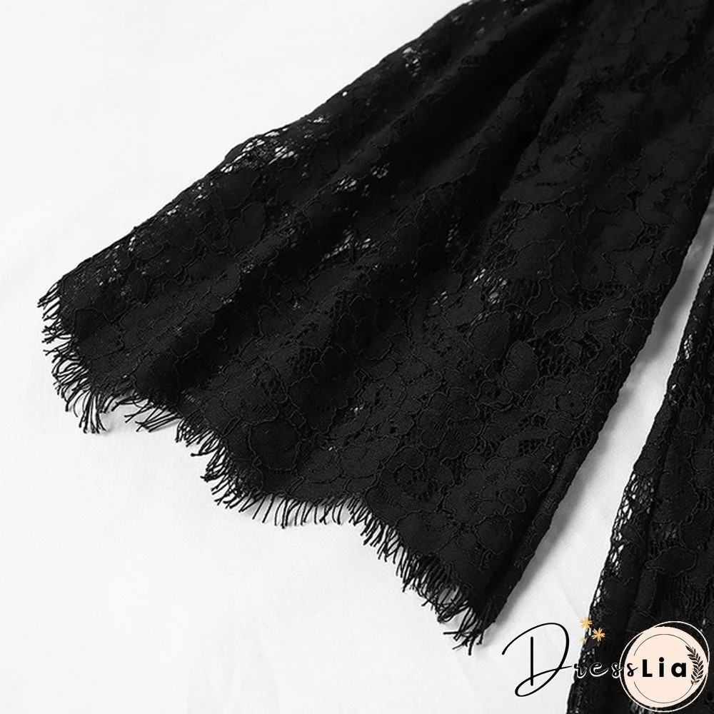 Womens Summer Long Sleeve Lace Crochet Flared Sleeve O-Neck Mini A-Line Dress