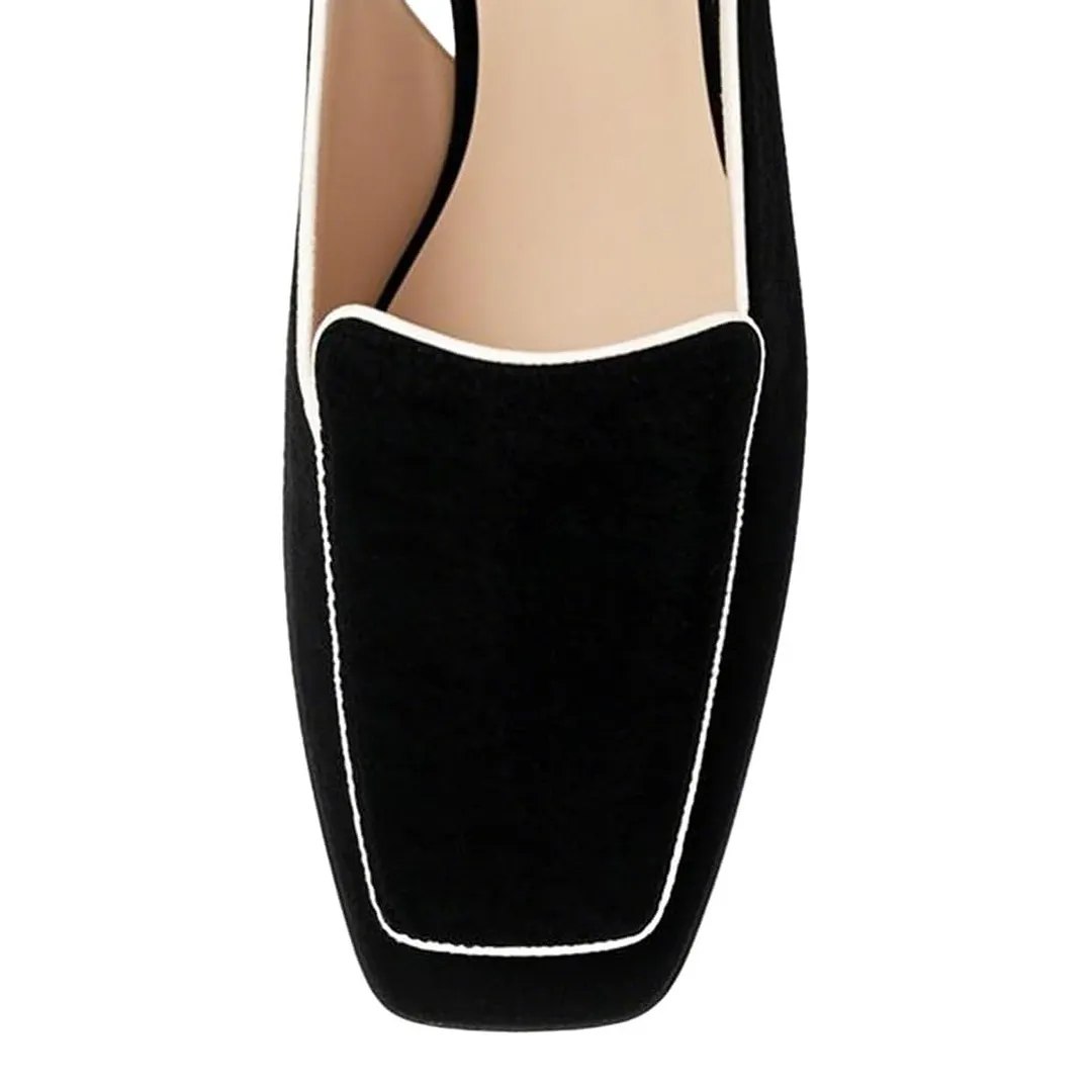 Black Vegan Suede Slingback Office Loafer Heels with Square Toe