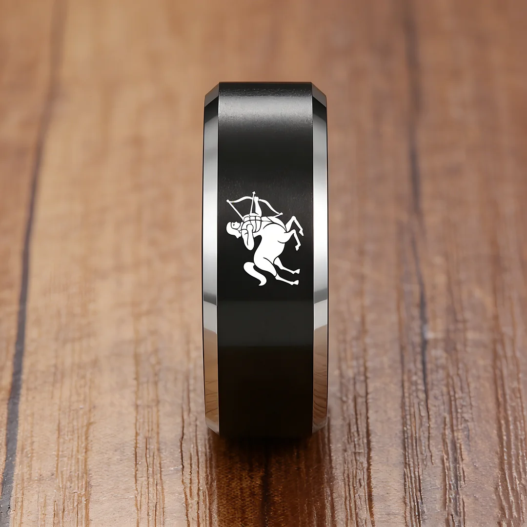 Beveled Edges Black Laser Etched Tungsten Carbide Rings Black Sagittarius Couple Wedding Bands 4MM 6MM 8MM
