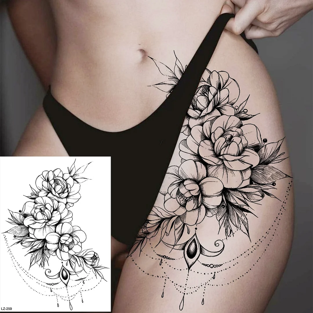 Black Rose Flower Sexy Temporary Tattoos For Women Adult Thigh Peony Skull Realistic Fake Tattoo Sexy Washable Tatoos Sticker