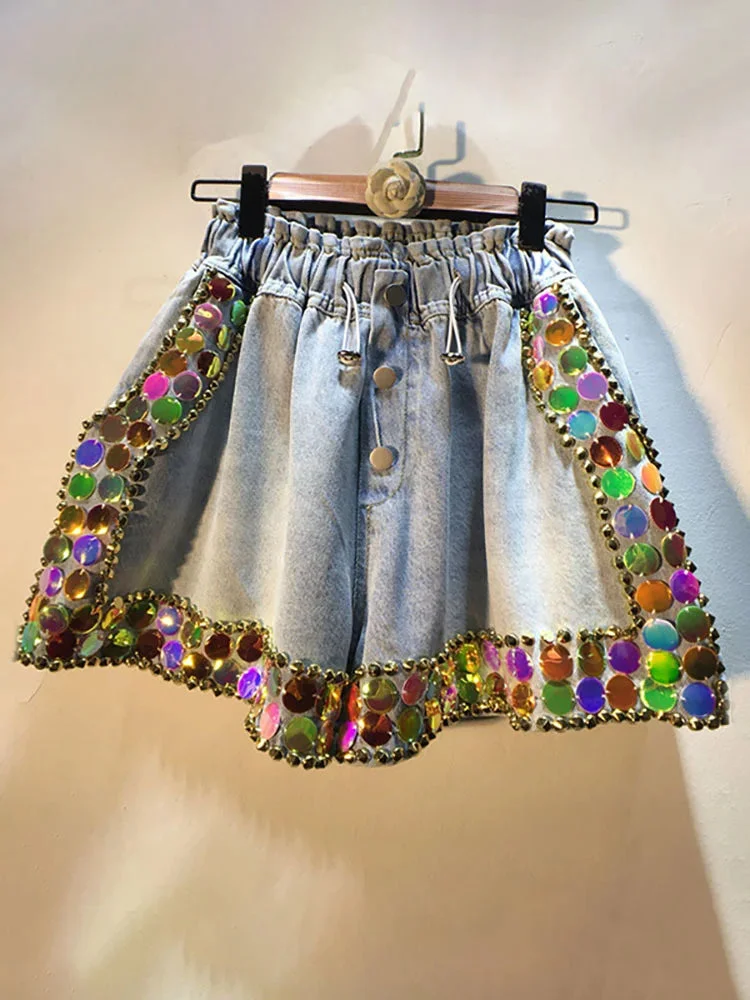 Huibahe Women's Denim Shorts Loose Elastic Waist Rivet Colorful Big Sequins Wide Leg Short Jeans 2024 Summer New Fashion 29L1084