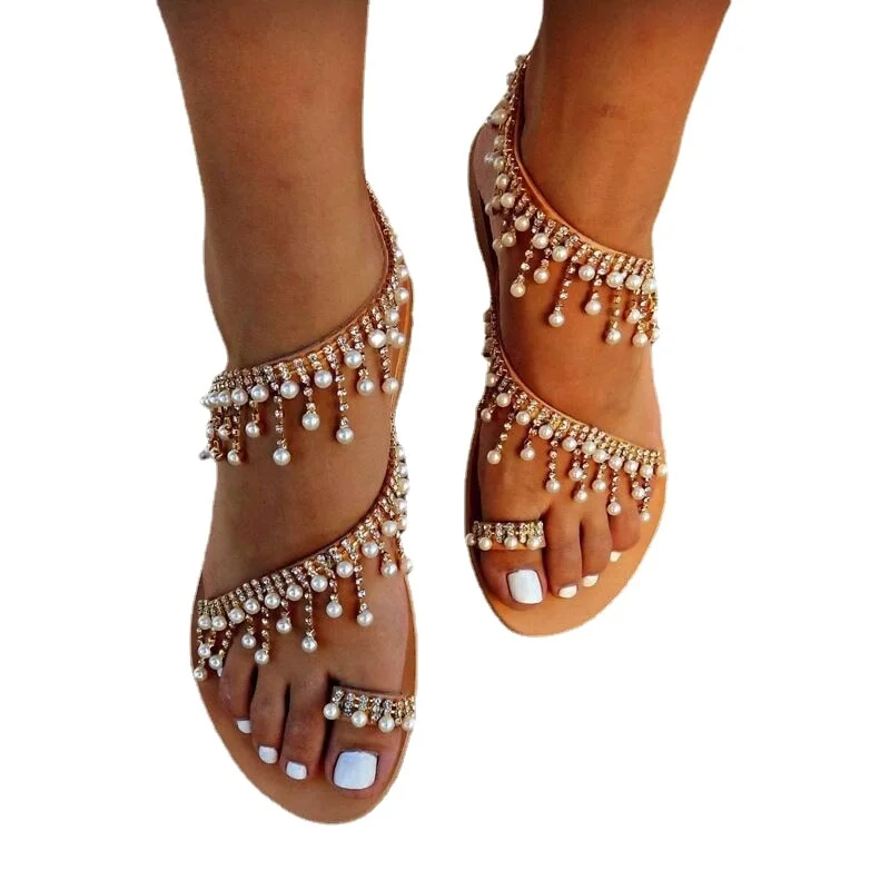 2023 Summer Women White Flat Sandals Luxury Pearls Bridal Wedding Shoes Lace Flowers Ankle Strap Beach Sandals Roman Slippers
