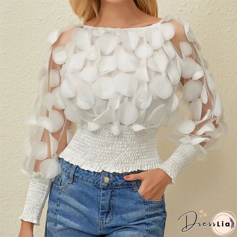 Sexy Off Shoulder Womens Tops And Blouses Mesh Sheer Puff Sleeve Tops Summer 3D Flower Vintage White Women Shirt Blouse 210308