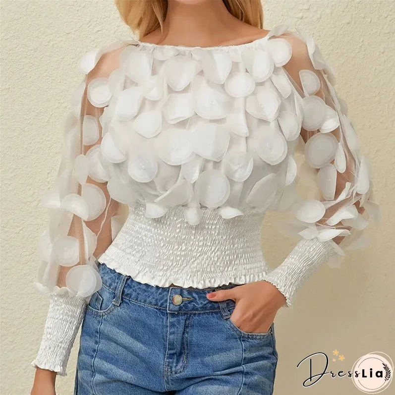 Sexy Off Shoulder Womens Tops And Blouses Mesh Sheer Puff Sleeve Tops Summer 3D Flower Vintage White Women Shirt Blouse 210308