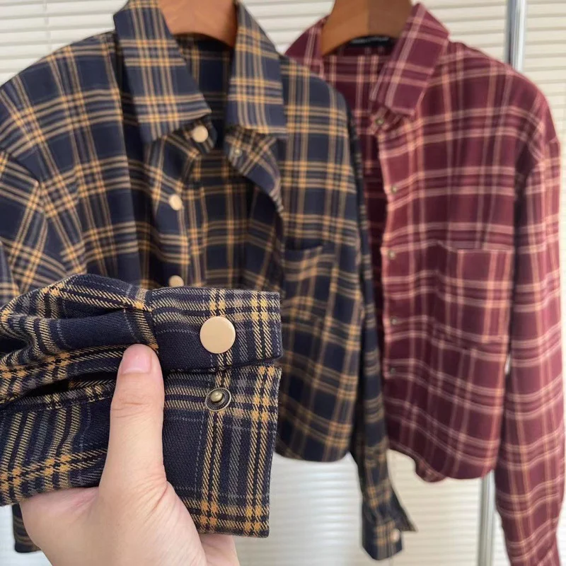 Uveng Uveng Plaid Shirt Coat Women Loose Long Sleeve Folding Design Sense Retro Casual Checker Shirt Blouse Tide