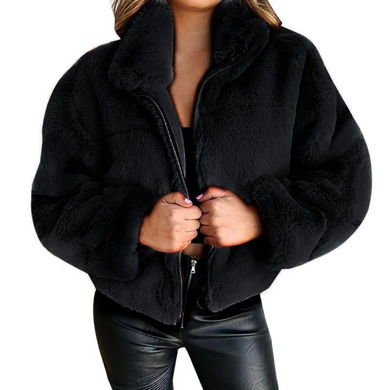 Women's Rabbit Fur Faux Fur Zipper Cardigan Warm Plush Jacket
