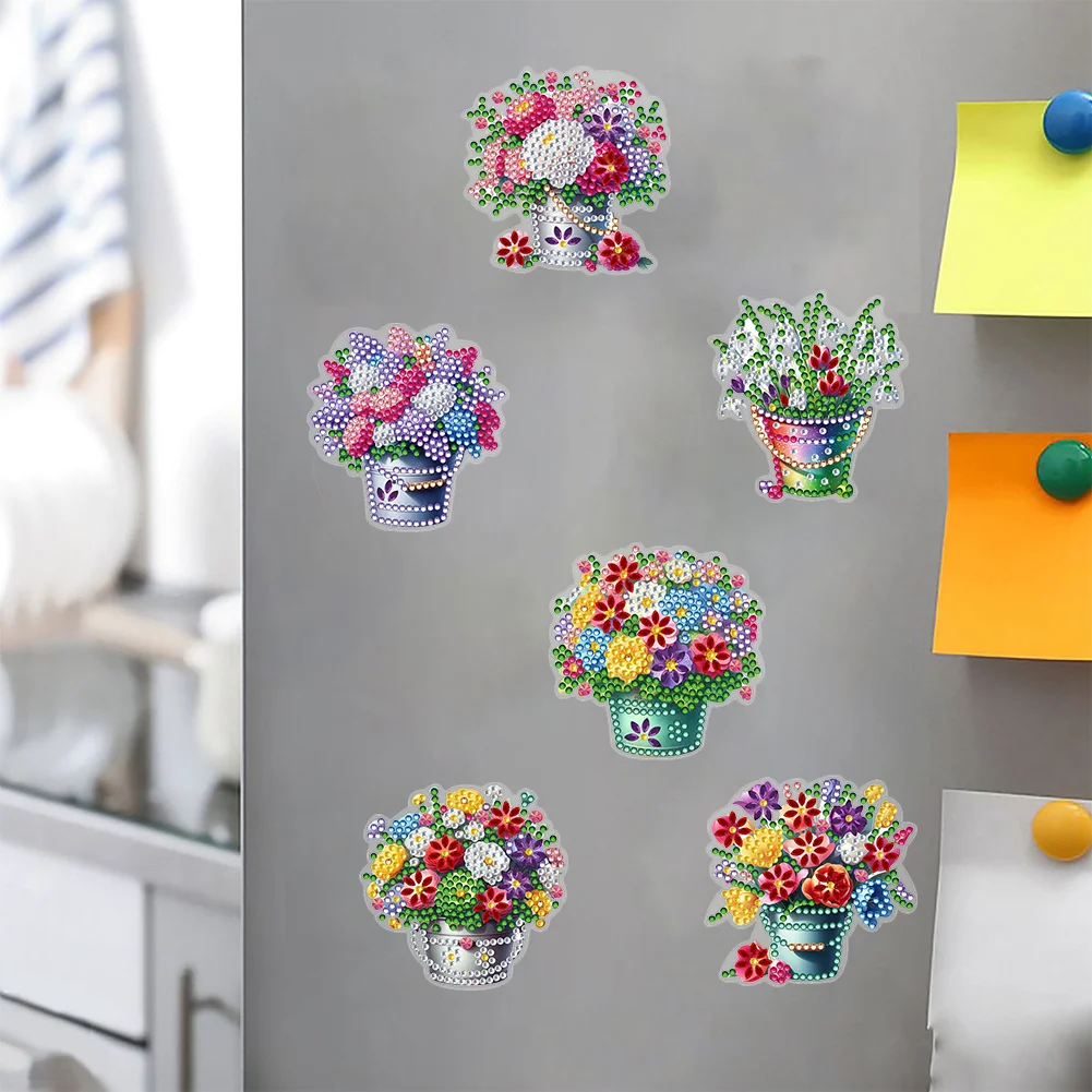  6 Pcs Flower Barrel Diamond Painting Cartoon Fridge Magnetic Stickers
