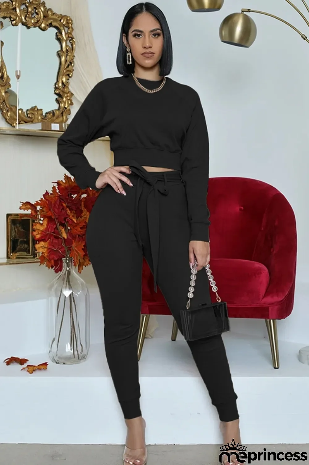Fall Casual Black Long Sleeve Top And Pant Two Piece Set