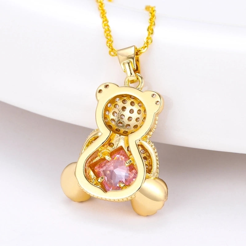 304 Stainless Steel Copper 18K Gold Plated Plating Inlay Bear Zircon Pendant Necklace