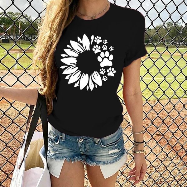 Women's Clothes Cute Sunflower&Animal Paw Printed Short Sleeve T-shirts Summer Casualwear Tops Ladies Crew Neck Shirts Women Graphic Tees Shirts - Life is Beautiful for You - SheChoic