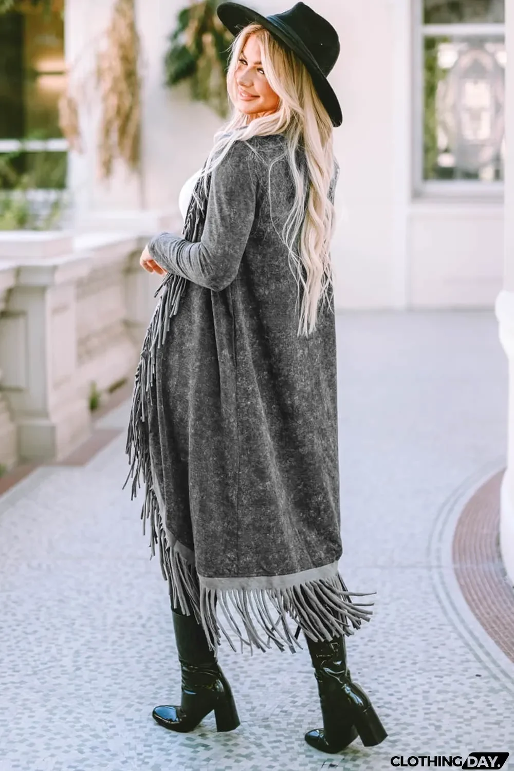 Black Fringed Hem Pocketed Open Cardigan