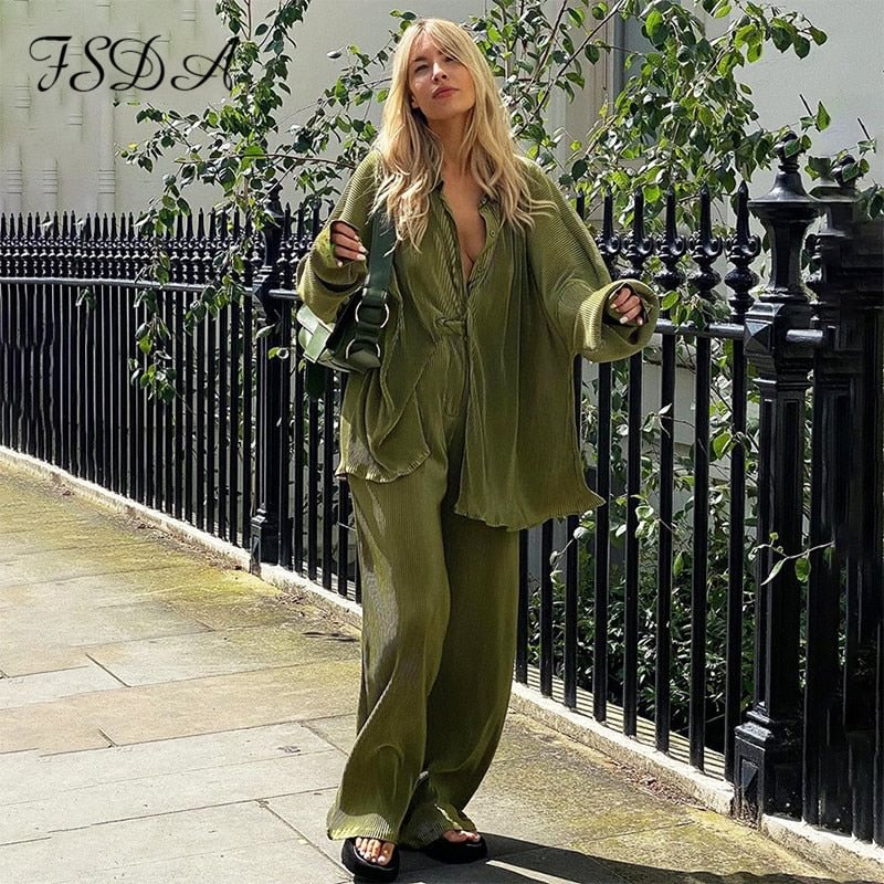 FSDA 2021 Elegant Tracksuit Women Green Autumn Winter Long Sleeve Blouse Top Shirts And Pants Casual Two Piece Sets Party Outfit