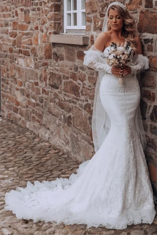 Daisda Bubble Sleeves Sweetheart Mermaid Long Wedding Dress With Lace