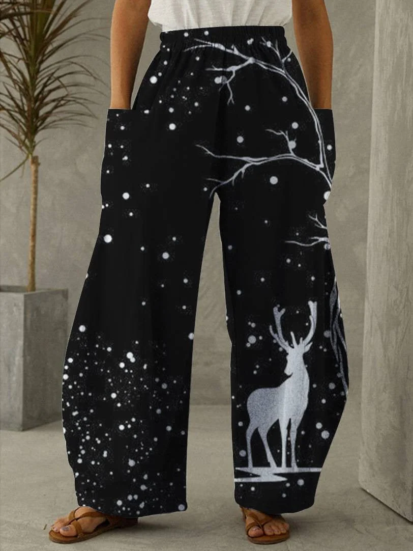 Christmas Black Elk Print Vintage Casual Loose Pants