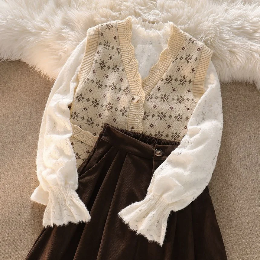 Floral Print Single-Breasted Sweater Vest / Lace Blouse / Midi Skirt YP686