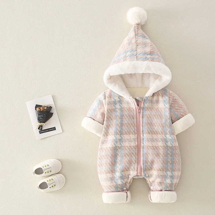 Baby Girl Plaid Graphics Long Sleeve Fluff Hooded Romper