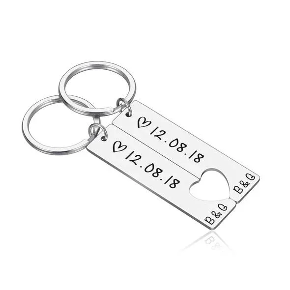 Personalisierbar 2 Buchstaben & Datum- Metall Paar Schlüsselanhänger