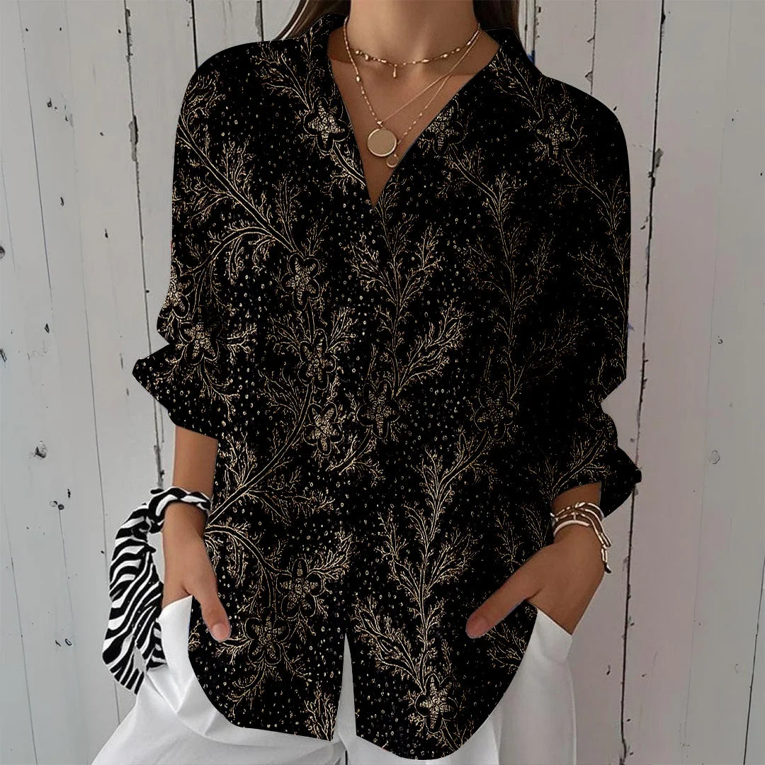 Style & Comfort for Mature Women Women Leaf, Black, Gold DZCL0503 3/4 Sleeve Shirt Collar Printed Button Tops