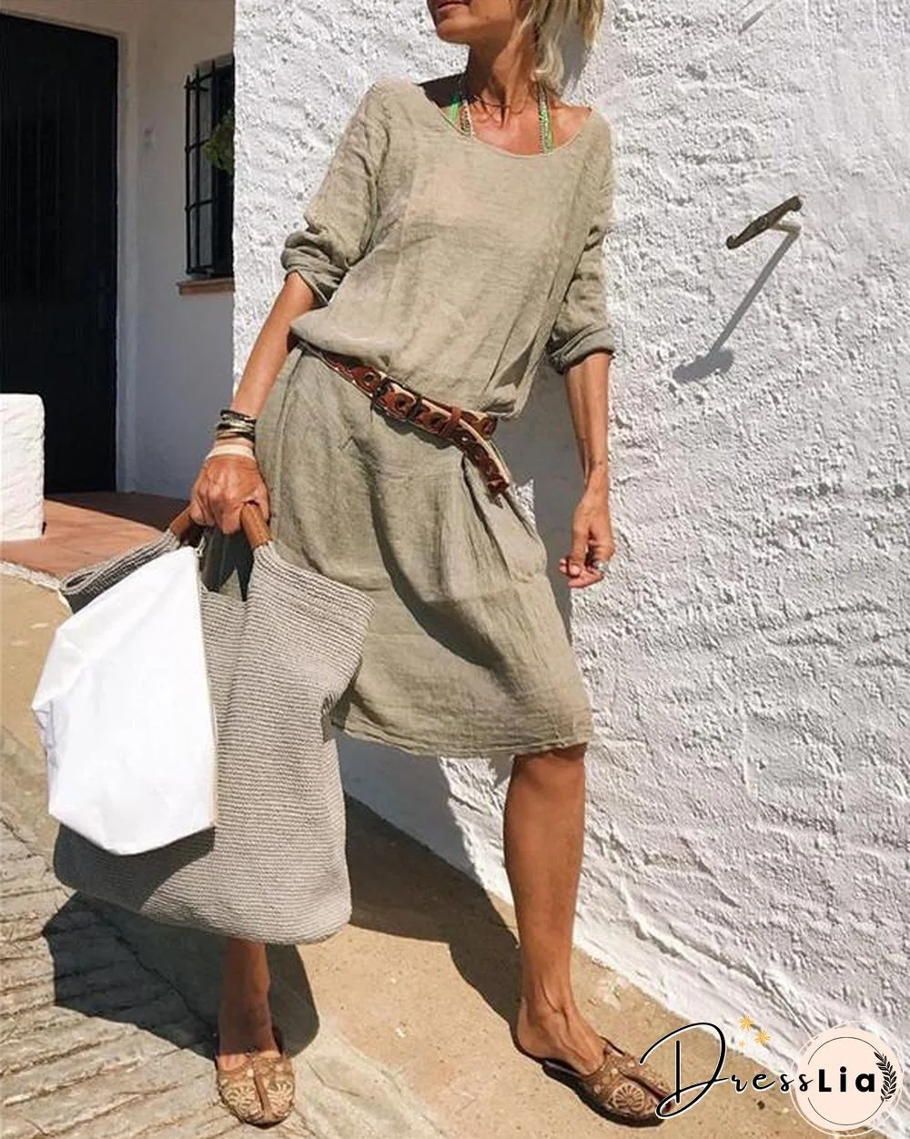 Solid Soft Cotton Crew Neck Fashion Daily Mini Dress