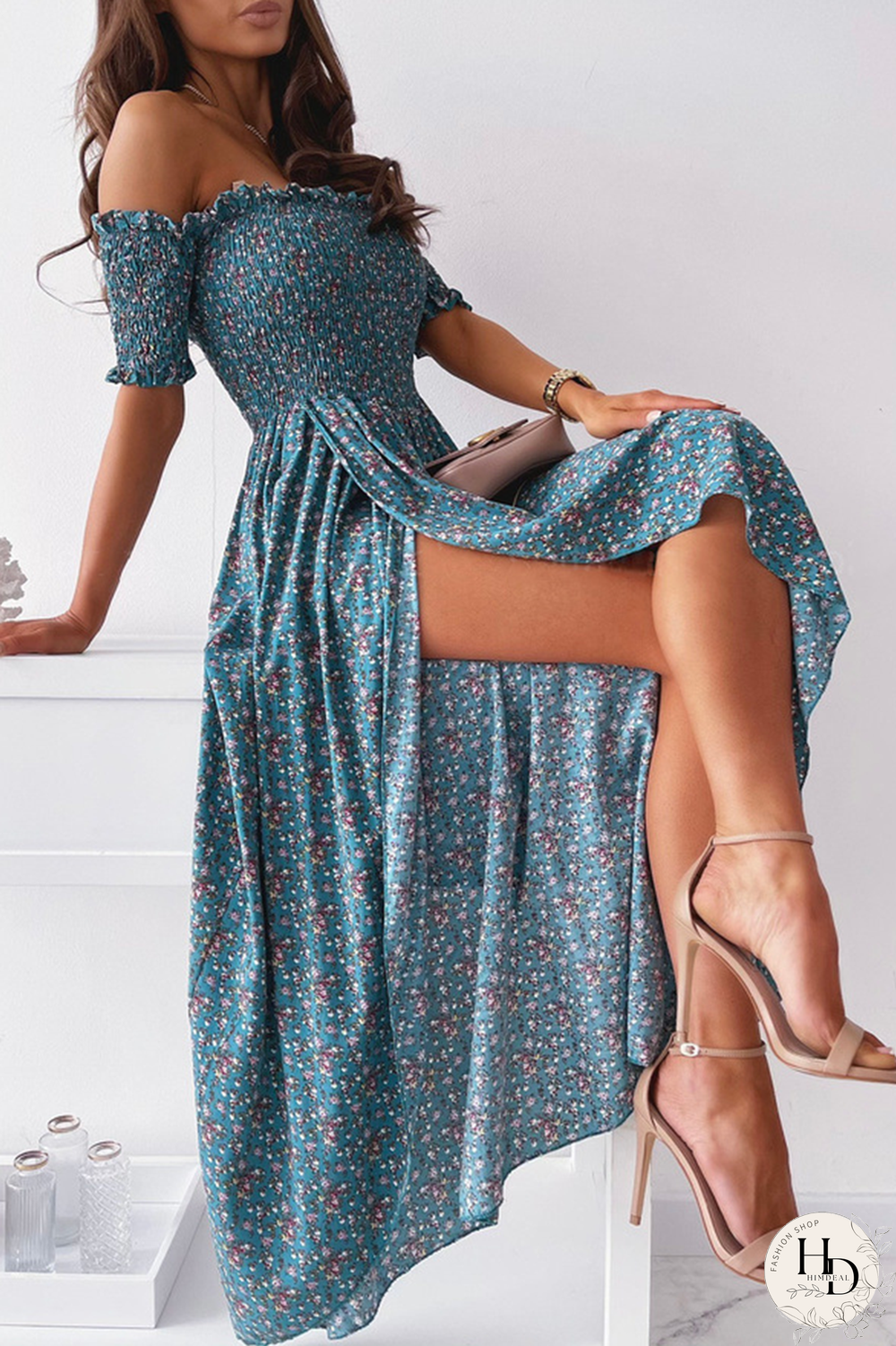 Elegant Floral Slit Fold Off the Shoulder Waist Skirt Dresses(5 Colors)