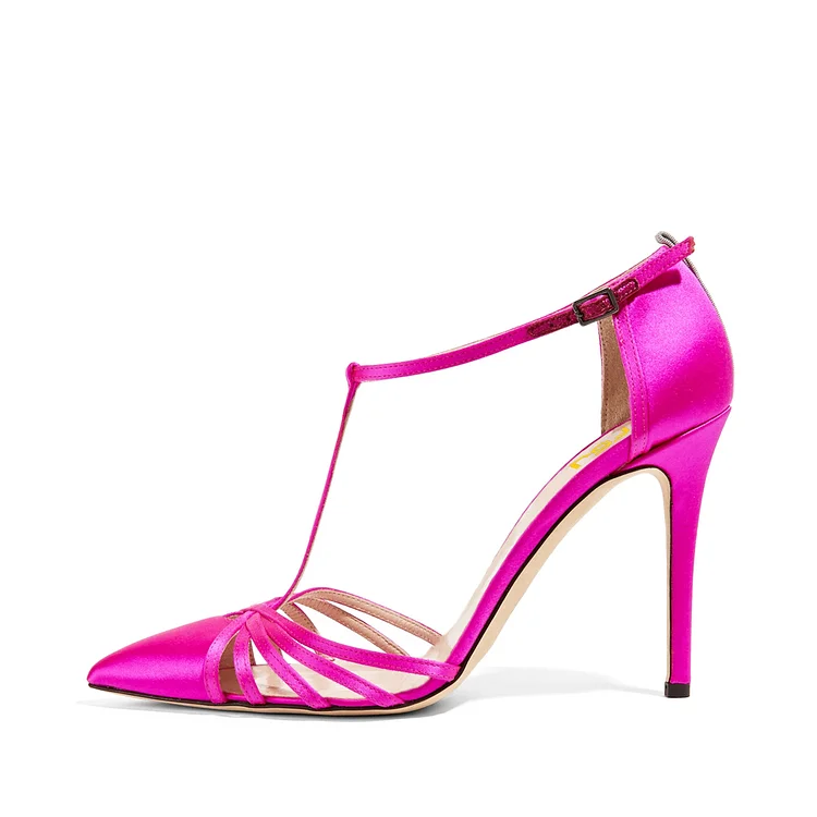 Hot Pink Satin T-Strap Sandals Closed Toe Stiletto Heels |FSJ Shoes