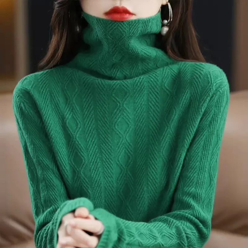 Women Knitted Sweaters 100% Merino Wool Turtleneck Long Sleeve Knit Thick Pullover